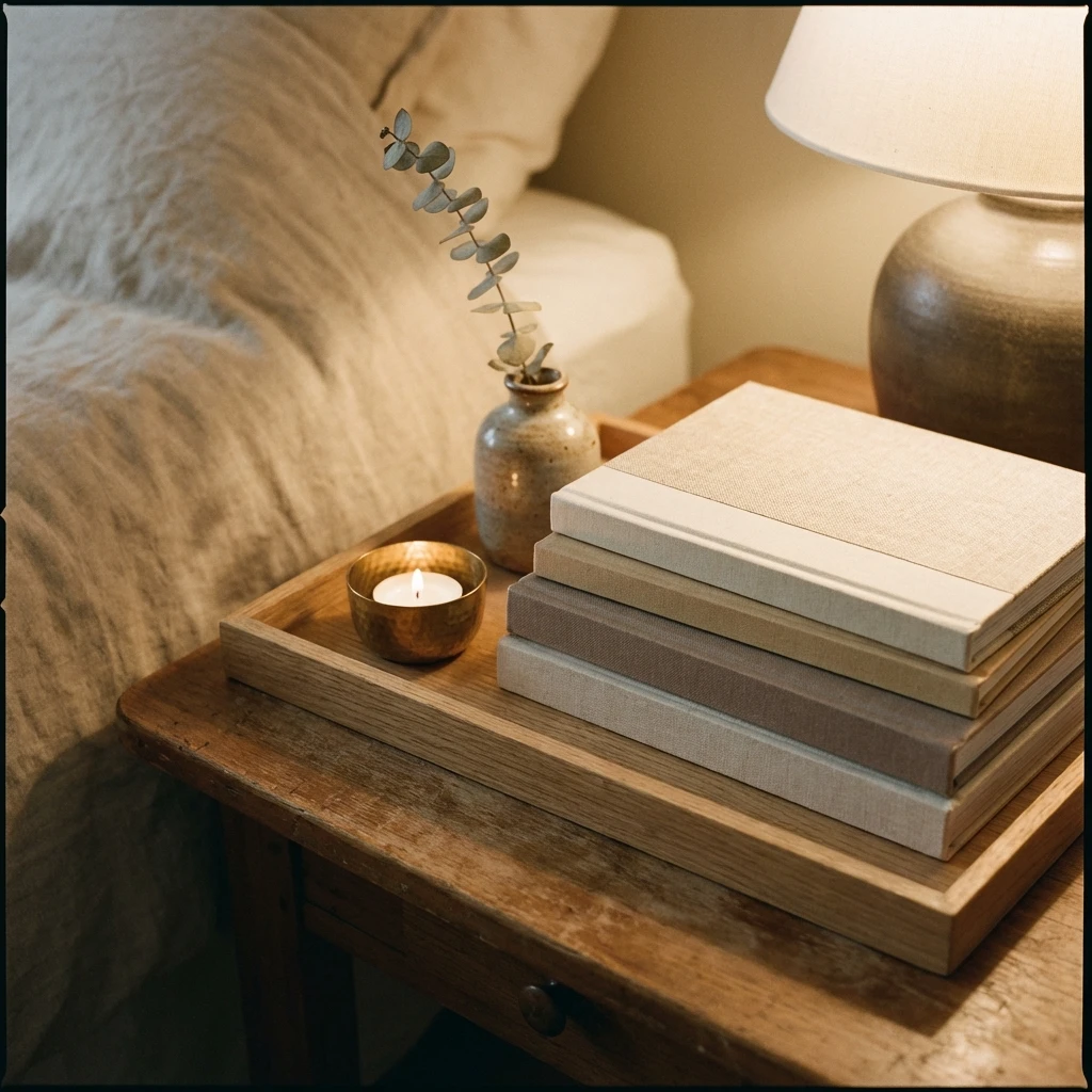Pile de livres et décoration sur une table de chevet