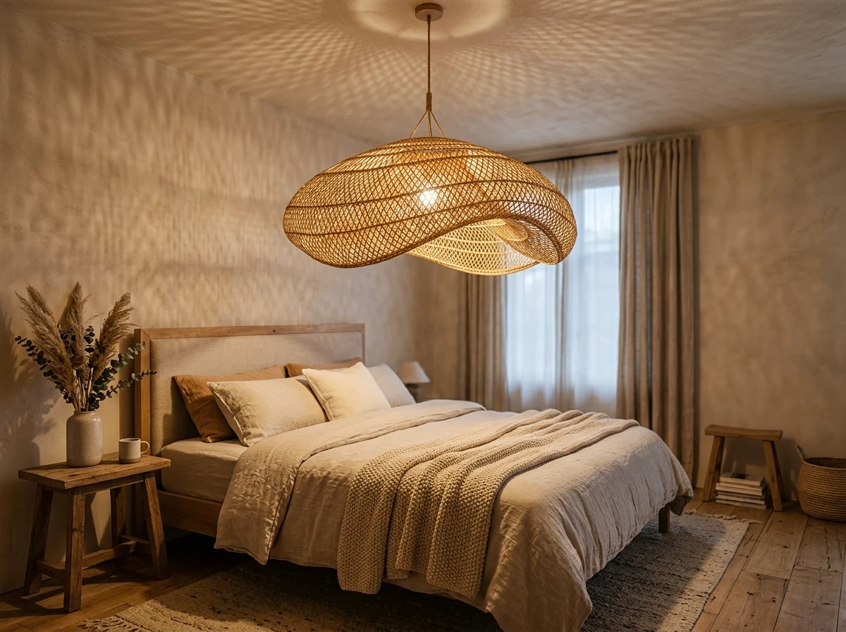 La suspension organique en rotin ou en lin : sculpture lumineuse