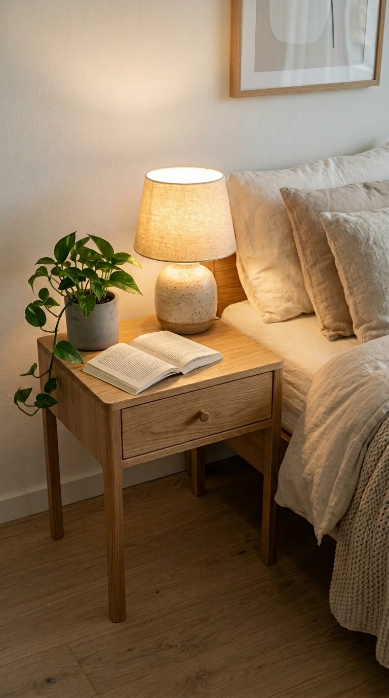 La table de chevet en bois clair : le minimalisme fonctionnel