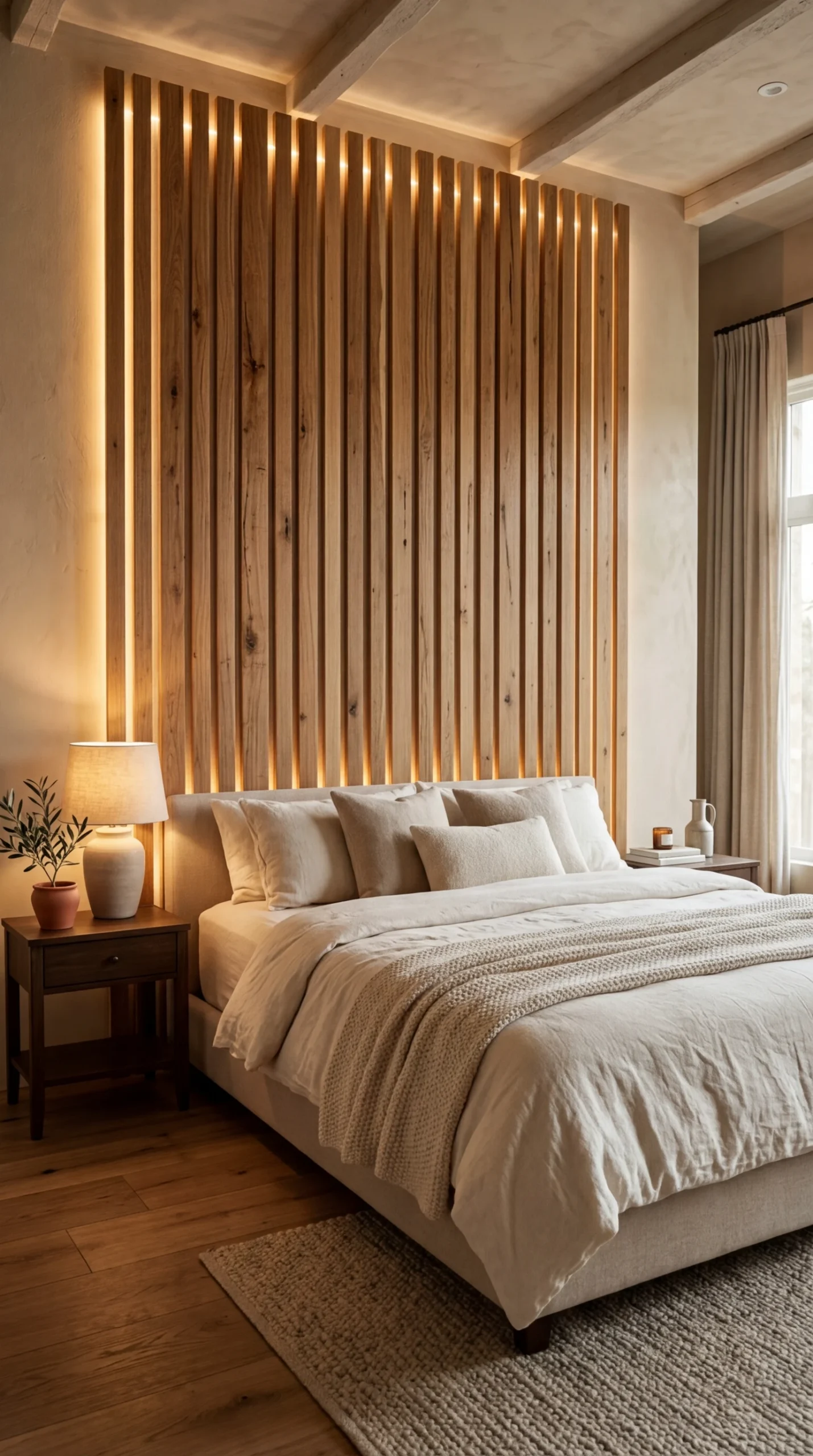 La tête de lit en tasseaux de bois