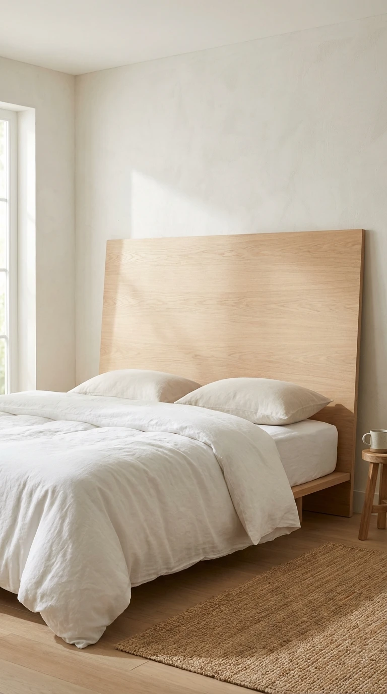 Tête de lit minimaliste en bois clair et parure de lit en lin