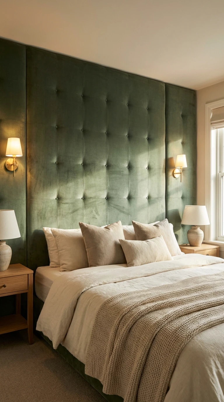 Tête de lit rembourrée en velours vert : confort et esthétique