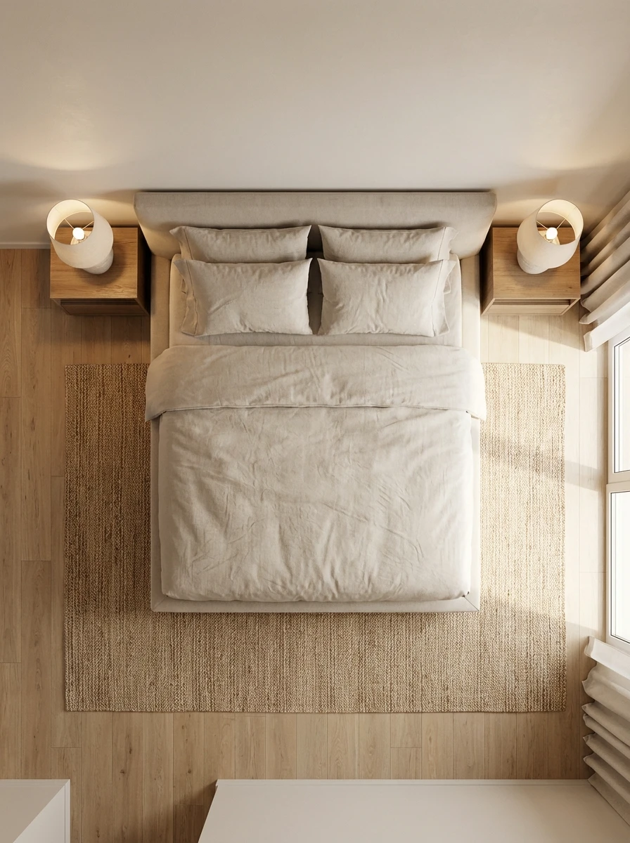 Aménagement de chambre avec espace de chaque côté du lit