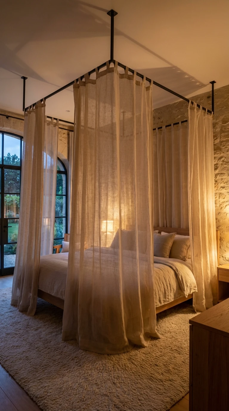 Lit à baldaquin moderne dans une chambre rustique