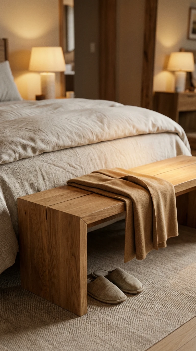 Le banc en bois au pied du lit : fonctionnel et sculptural