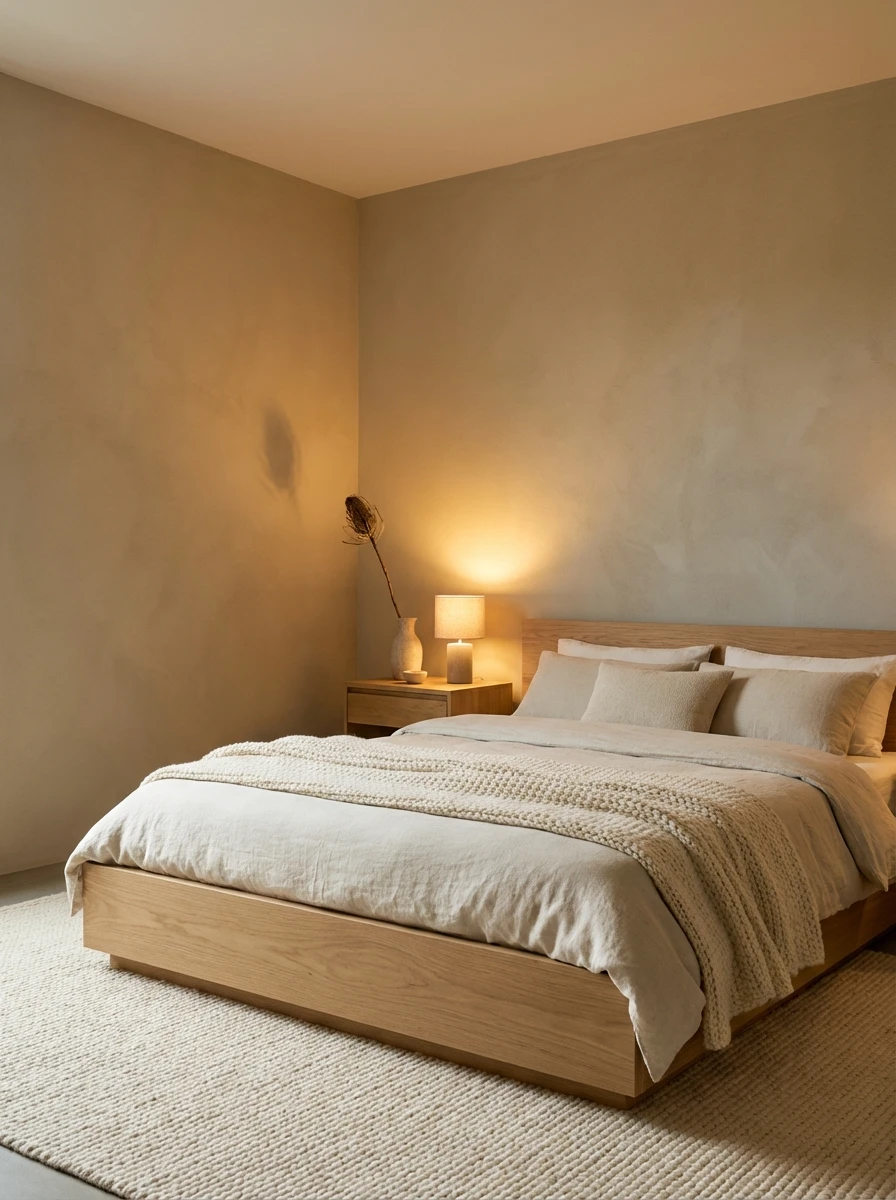 Décoration de chambre minimaliste en beige sable