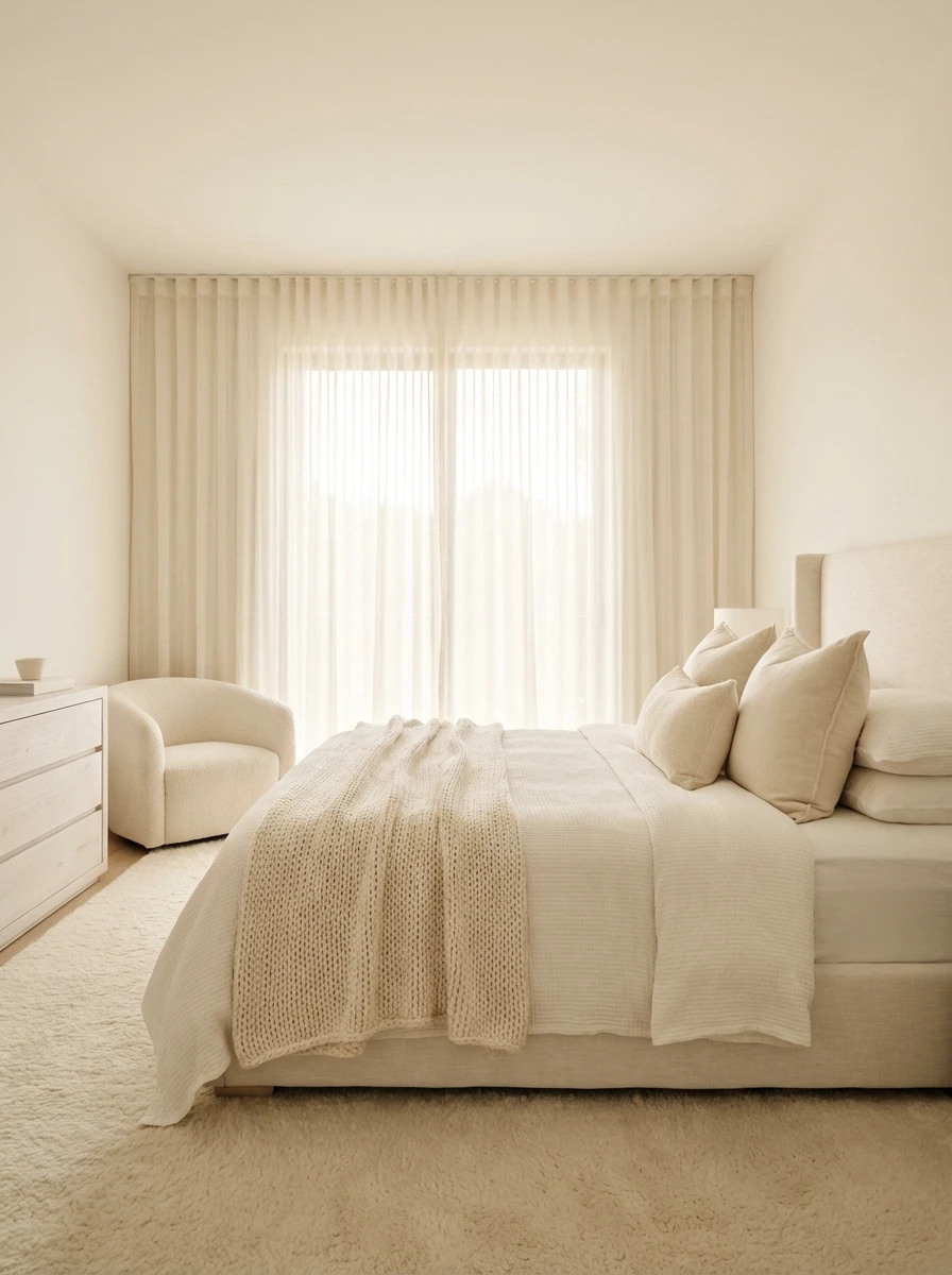 Chambre monochrome en blanc chaud : l'élégance minimaliste