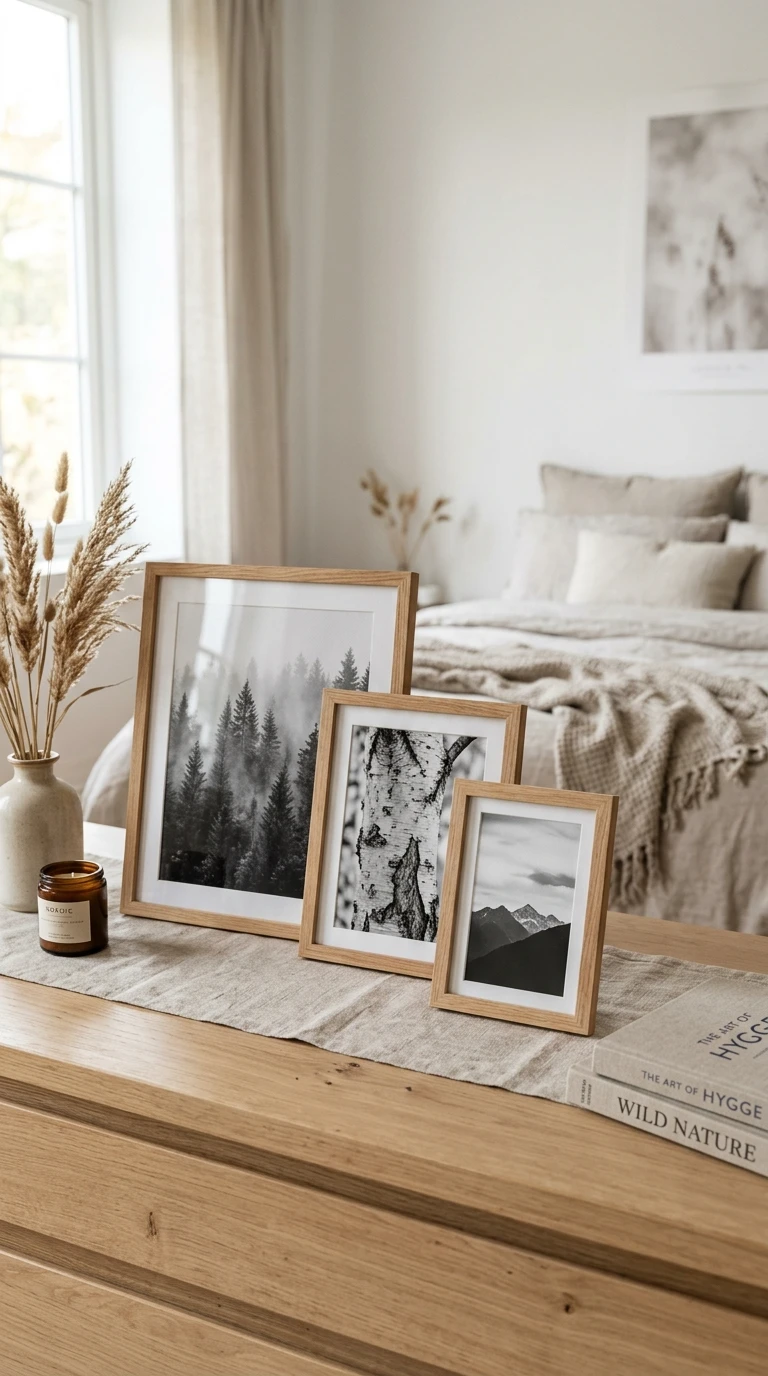 Ensemble de cadres photo en bois naturel avec imprimés nature pour chambre