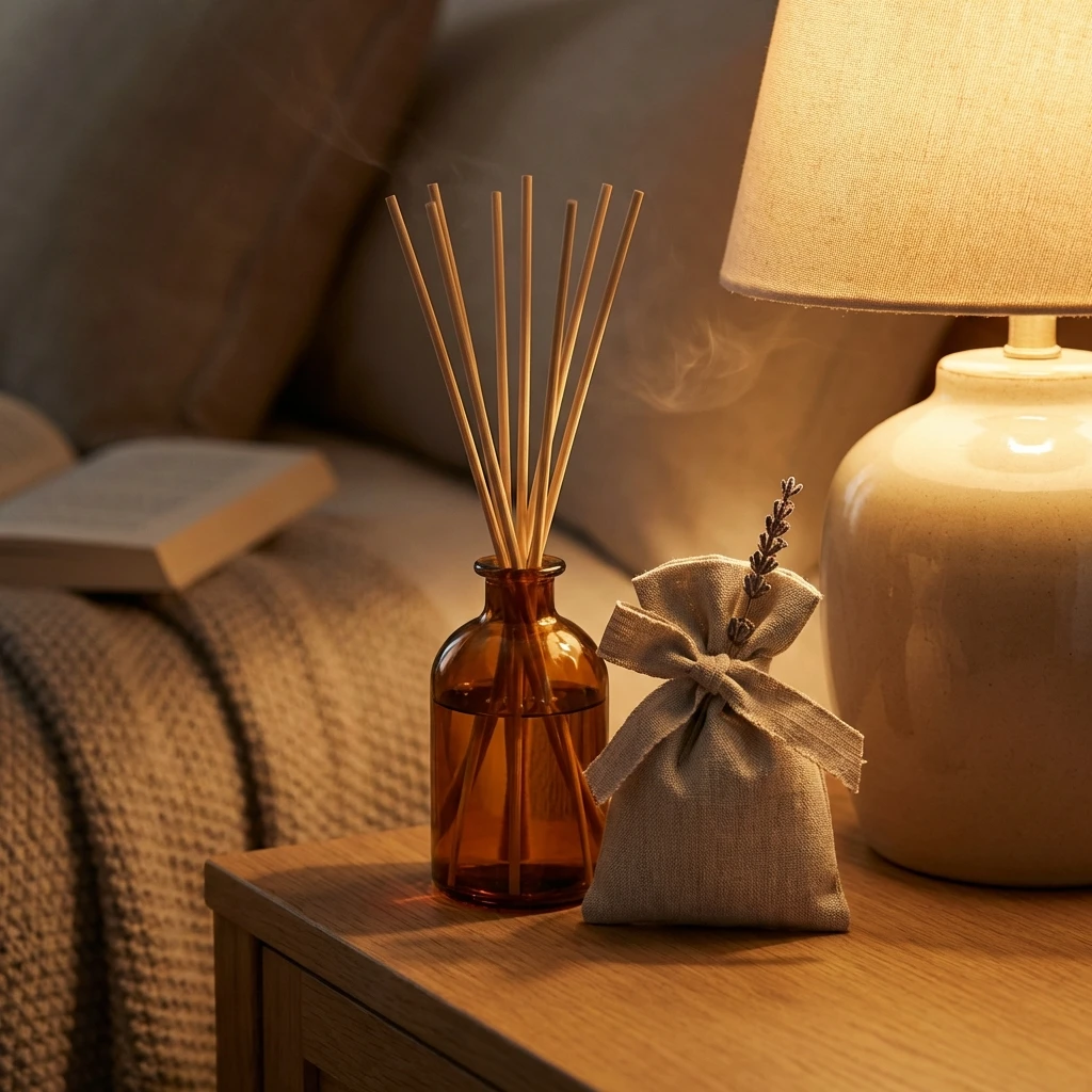 Diffuseur de parfum et sachet de lavande sur une table de nuit