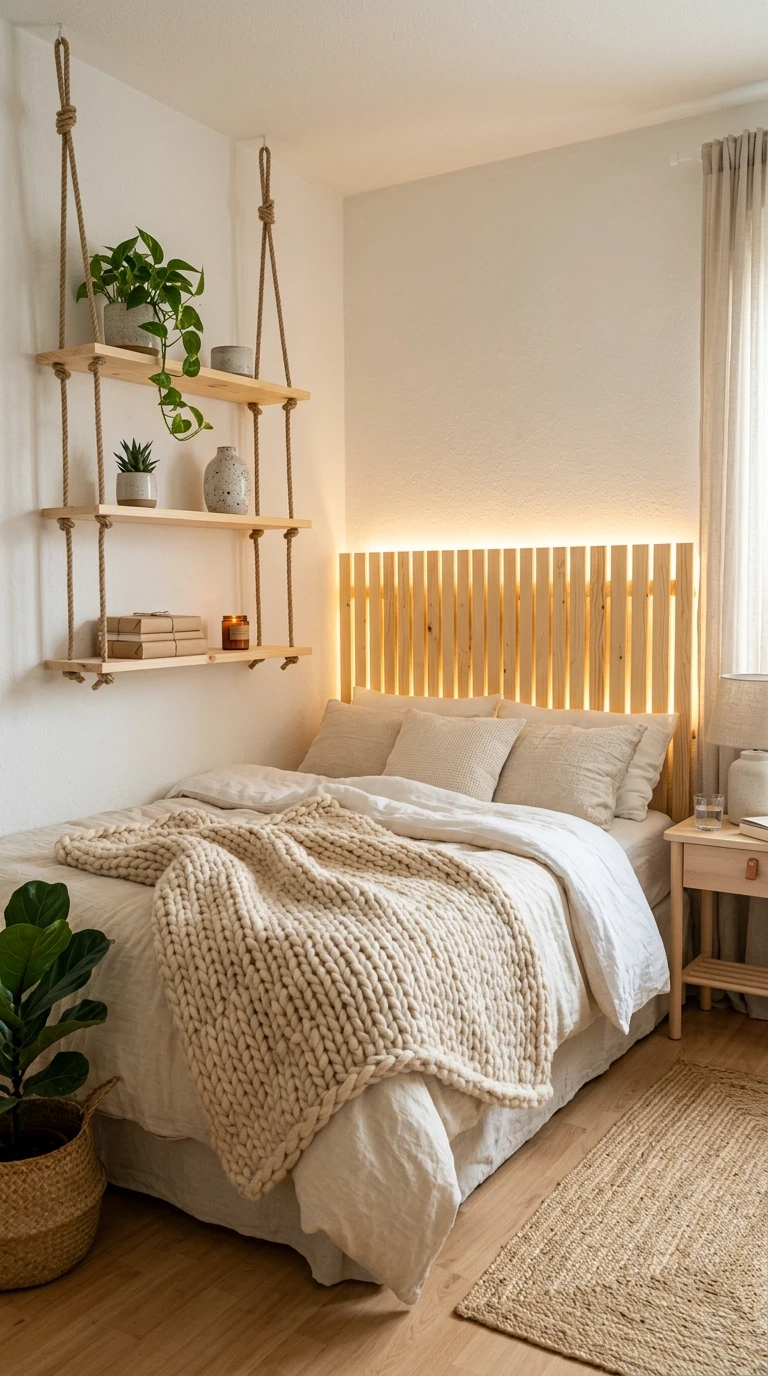Chambre Scandinave DIY : Tête de lit en bois et étagères suspendues