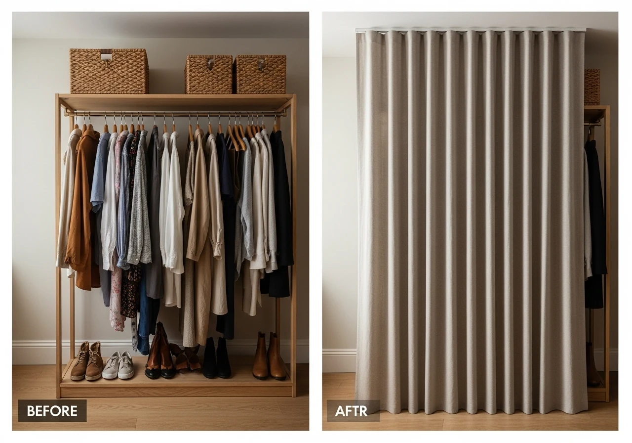 👗 Le dressing avec rideau en lin : rangement habillé