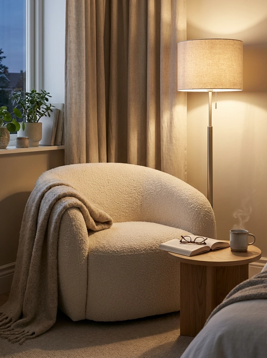 Le fauteuil bouclette arrondi : le coeur du coin lecture
