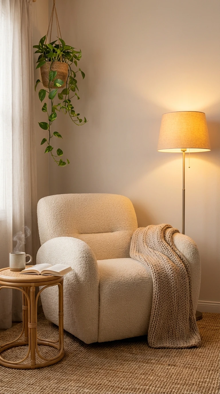 Le fauteuil bouclette ou velours dans un coin lecture : la deuxième vie de la chambre