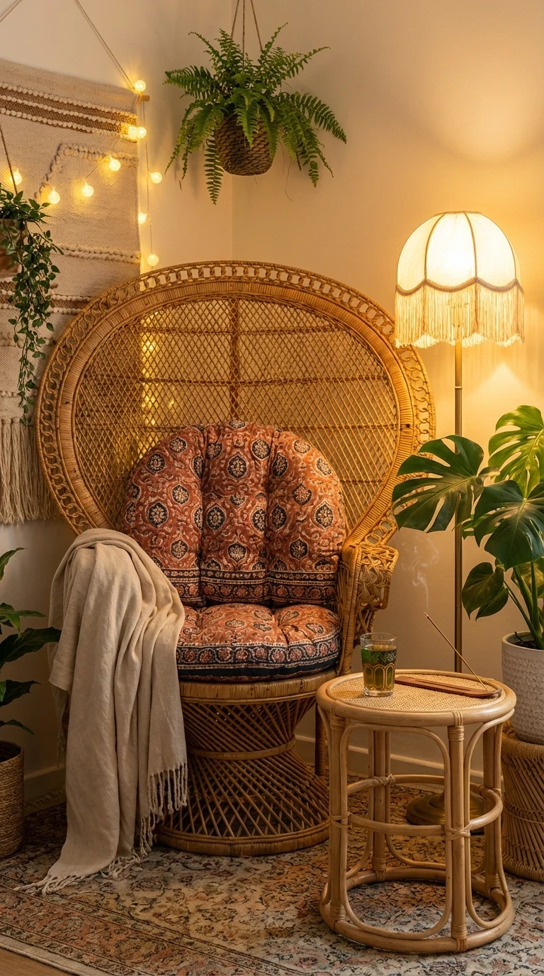 Le fauteuil en rotin avec coussin ethnique : le coin