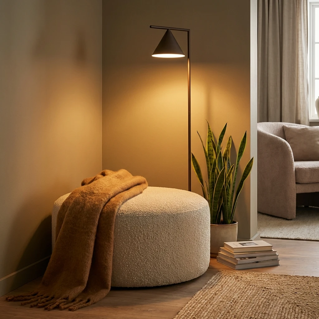 Pouf bouclé beige et lampadaire dans un coin cosy