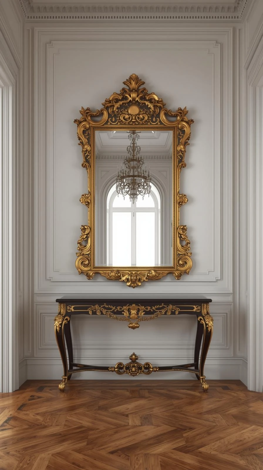 Le grand miroir ancien doré au-dessus de la console