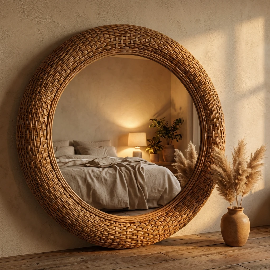 Grand miroir rond en rotin tressé