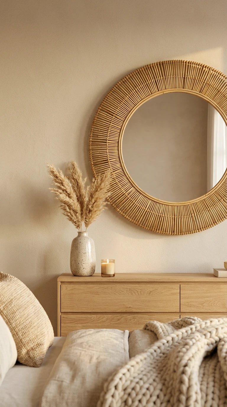 Grand miroir rond en rotin naturel pour décoration bohème