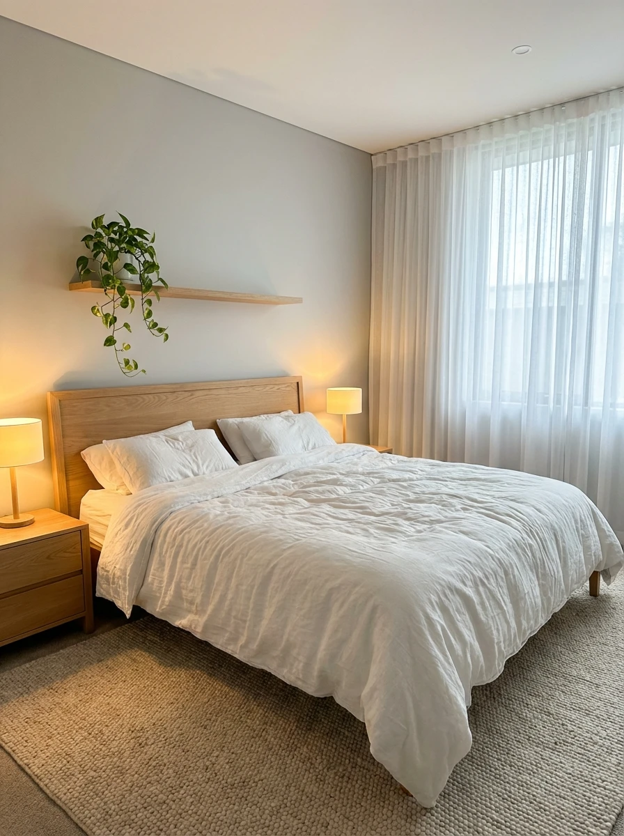 Chambre à coucher minimaliste gris perle et bois