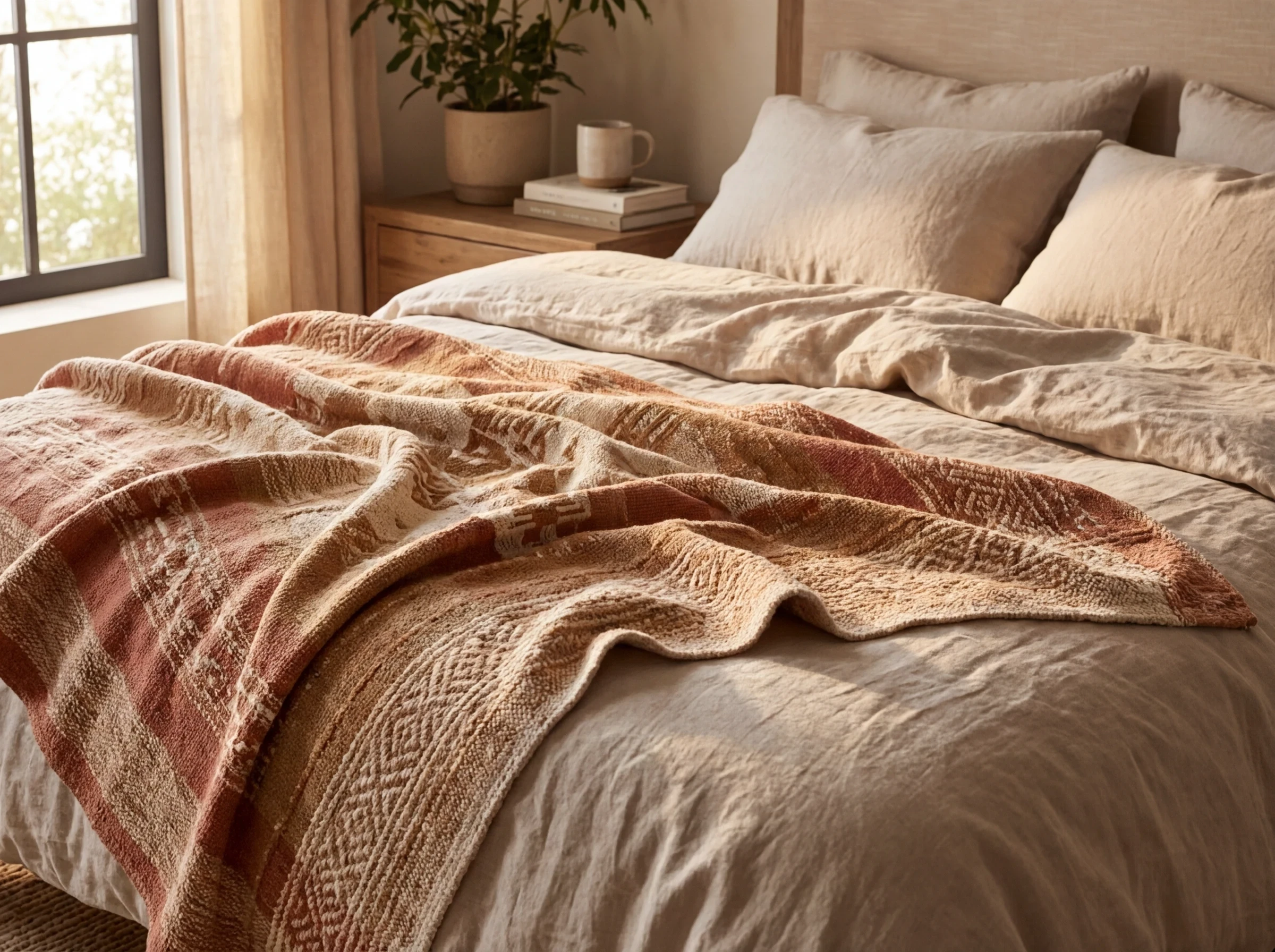 Linge de lit et jeté en coton tissé aux motifs ethniques