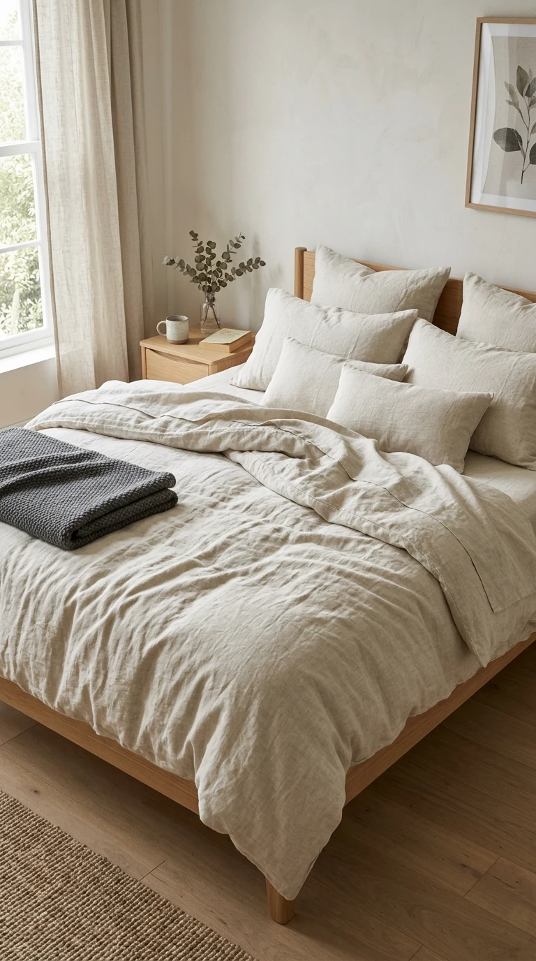 Linge de lit en lin lavé naturel pour une chambre scandinave apaisante