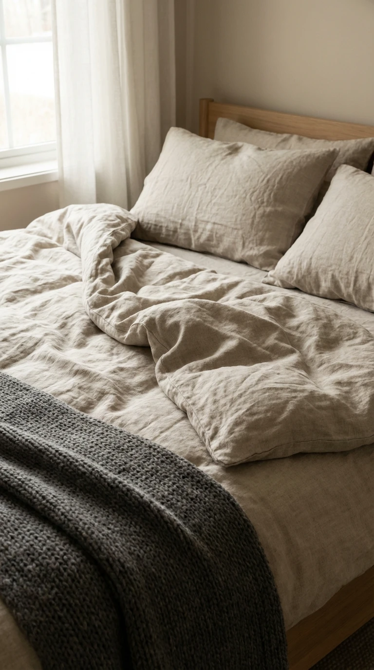 Linge de lit en lin naturel froissé et décoration cocooning