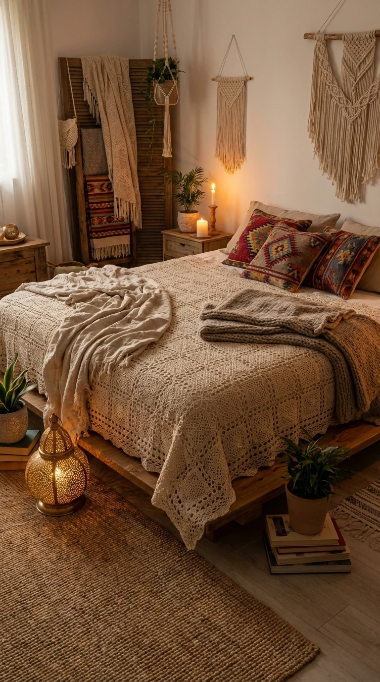 Le lit bas avec couvre-lit en crochet ou en matelassé