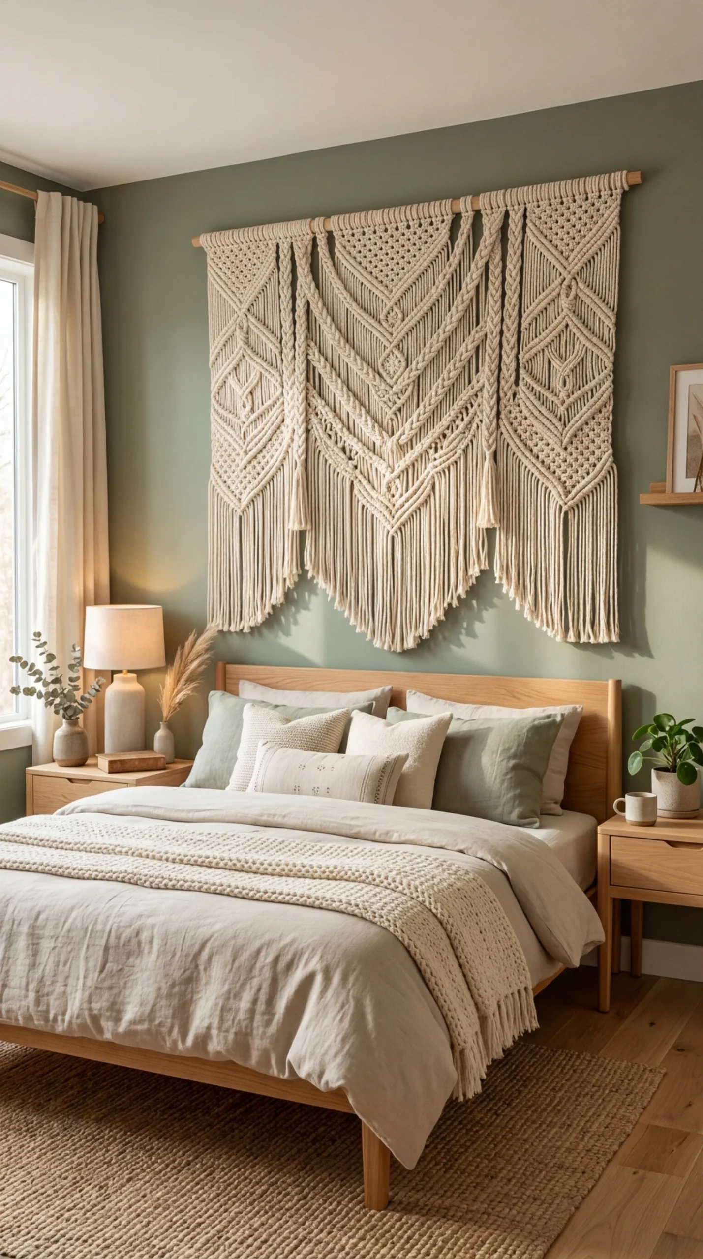 Macramé mural artisanal dans une chambre bohème
