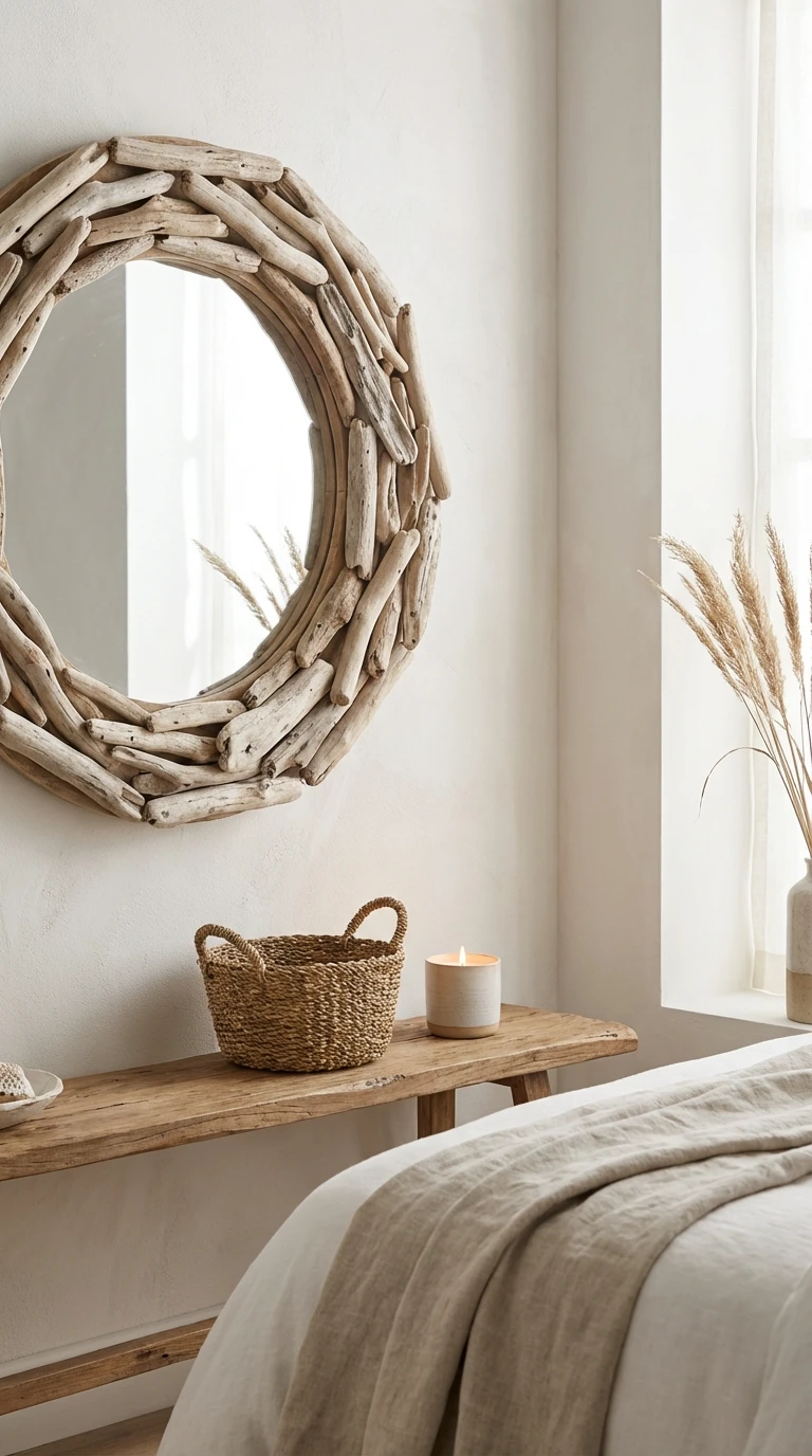 Miroir mural rond en bois flotté