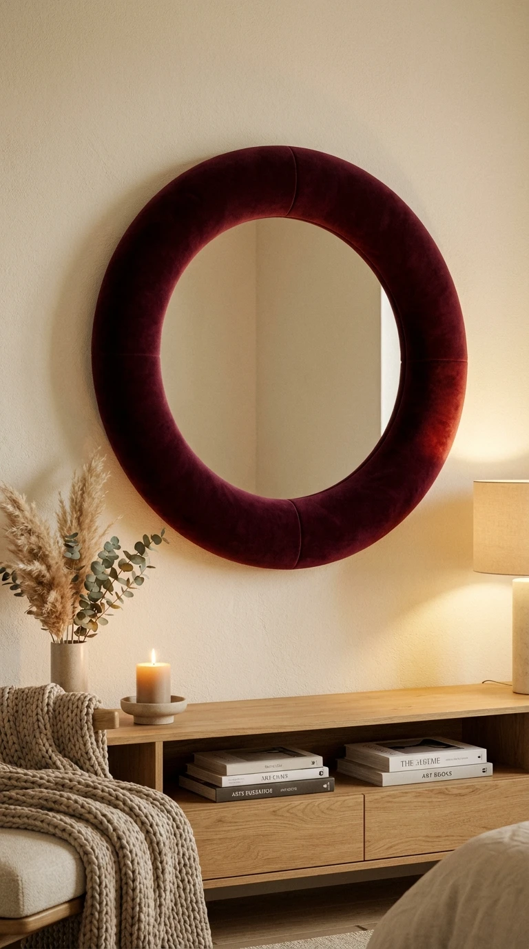 Miroir rond à cadre en velours bordeaux