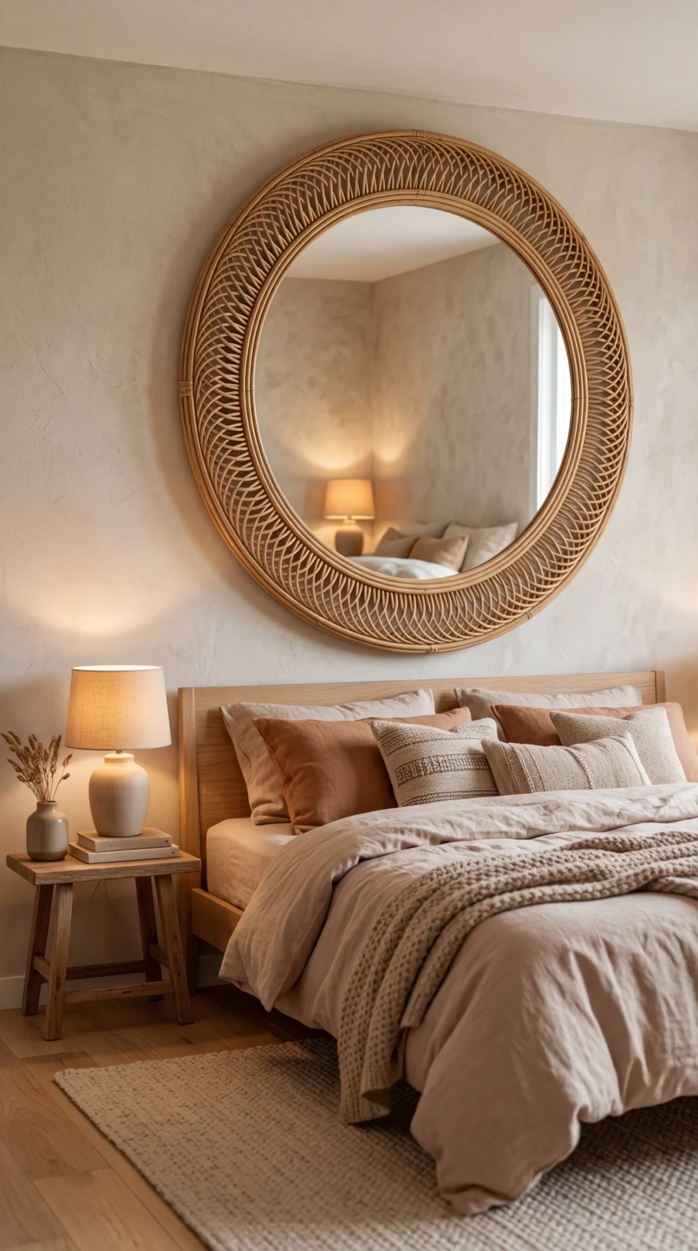 Grand miroir rond décoratif en rotin pour la chambre