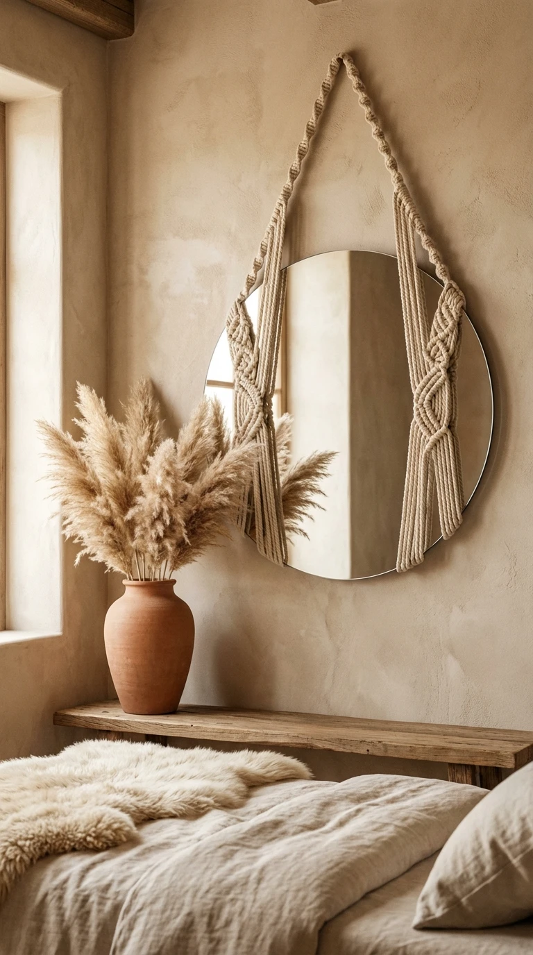Miroir suspendu avec corde en macramé