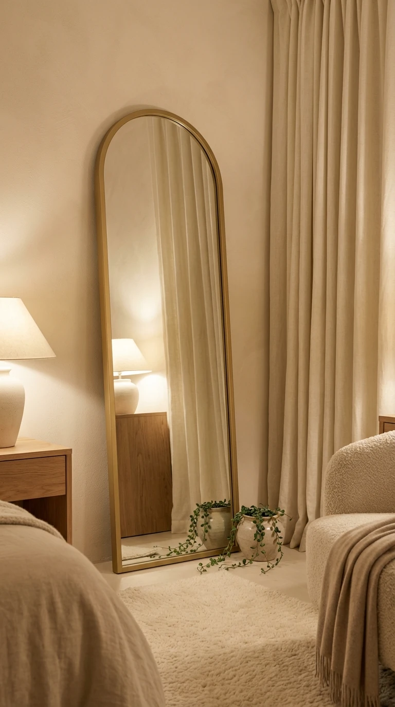 Miroir arche sur pied avec cadre doré mat