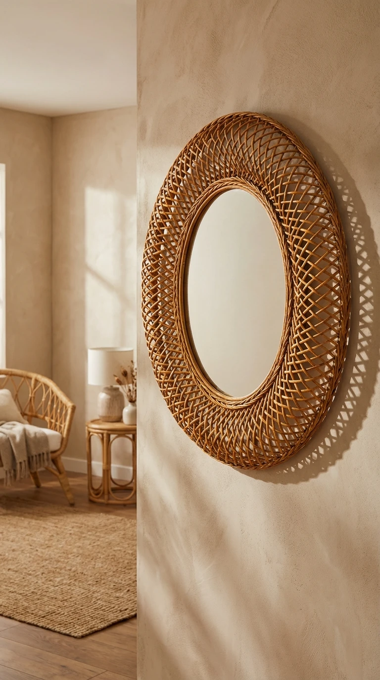 Miroir mural rond en osier tressé naturel