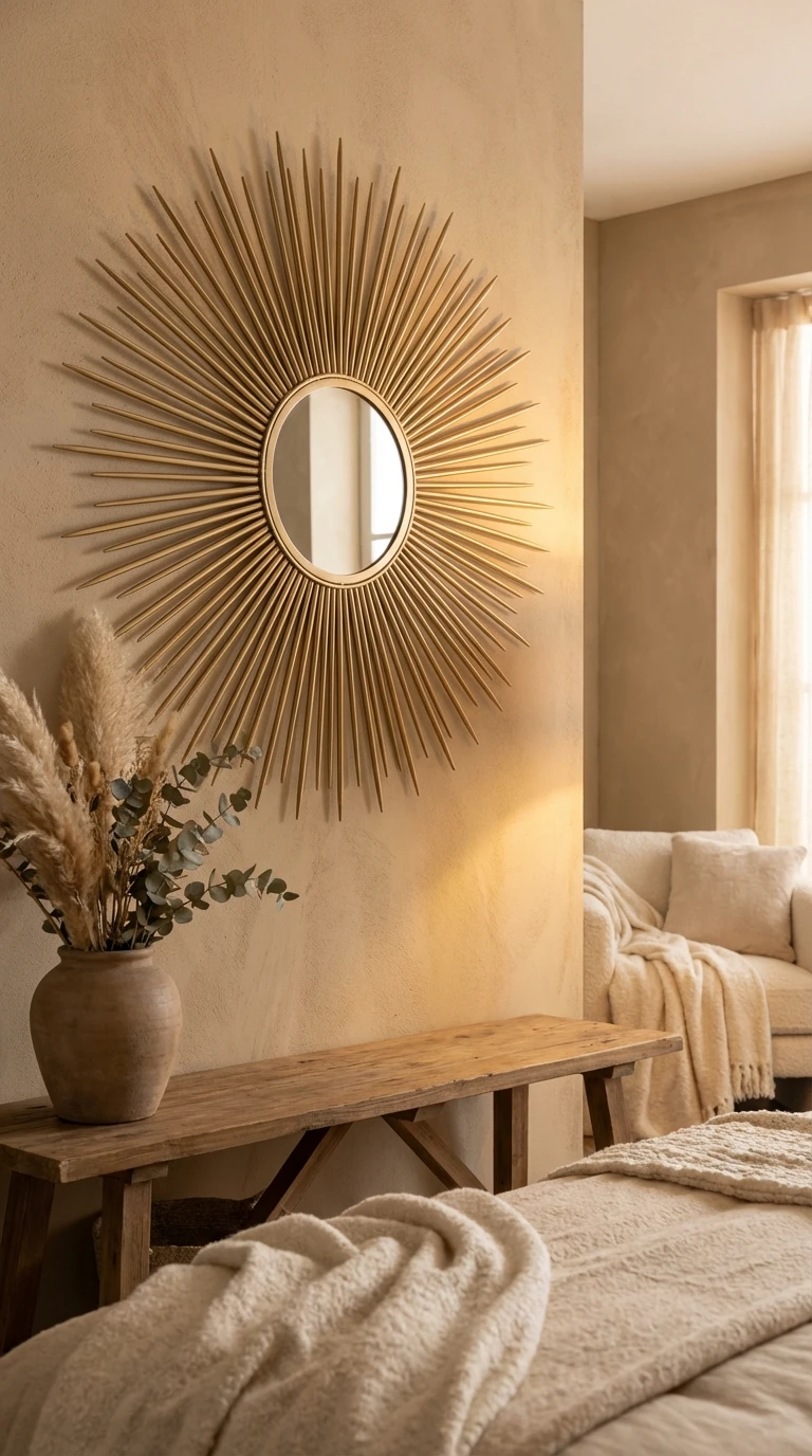 Miroir soleil doré sur mur texturé beige
