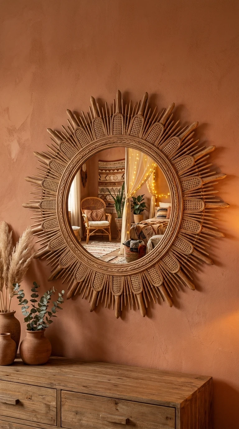 Le miroir en rotin ou en bois  : le reflet bohème