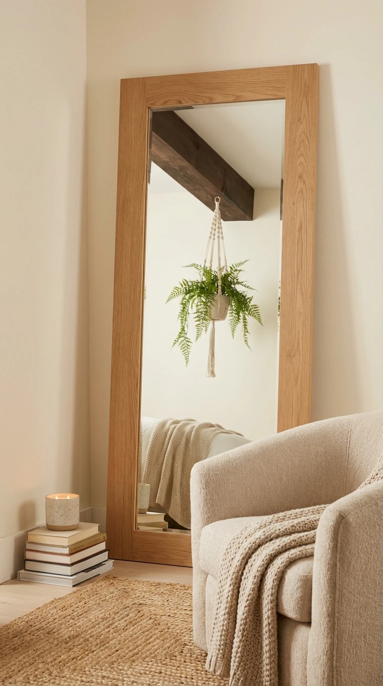 Grand miroir en bois clair posé dans un coin de chambre