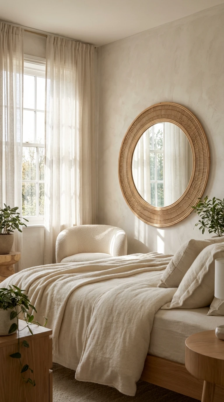 Miroir rond en rotin face à une fenêtre dans une chambre lumineuse