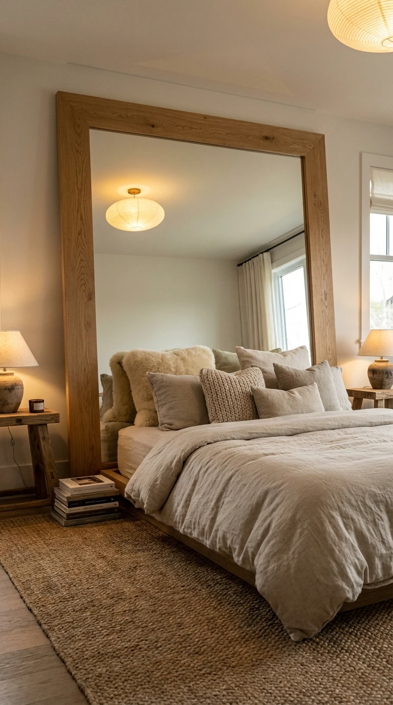 Grand miroir en bois servant de tête de lit