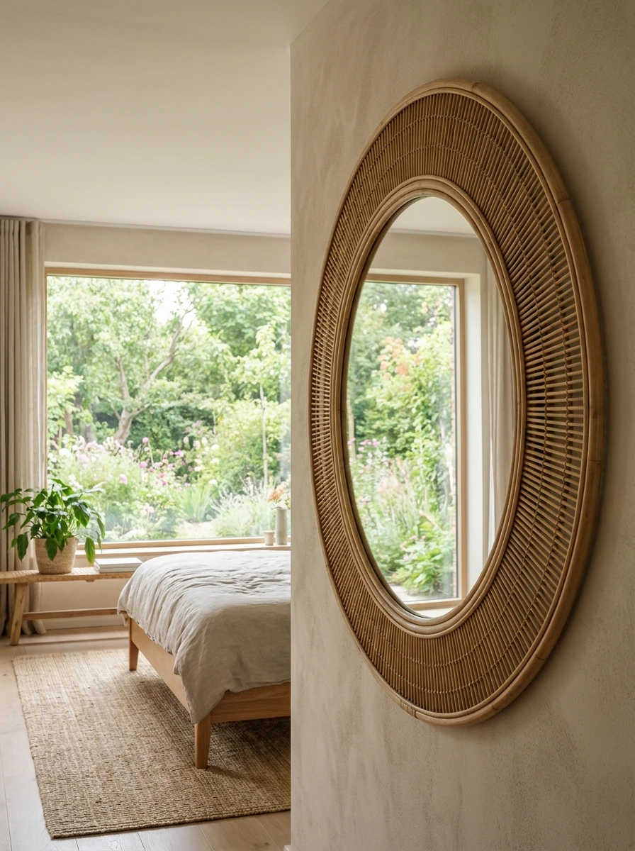 Miroir en rotin reflétant le jardin : doubler la nature