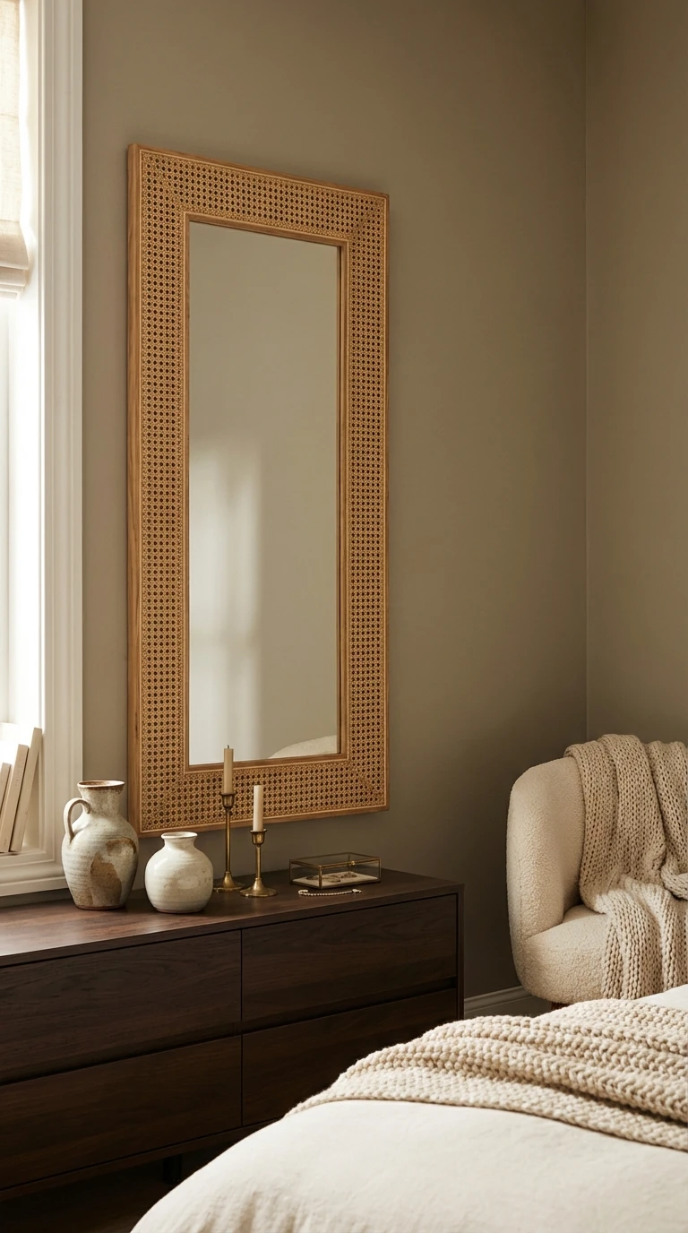 Miroir rectangulaire avec cadre en cannage de rotin
