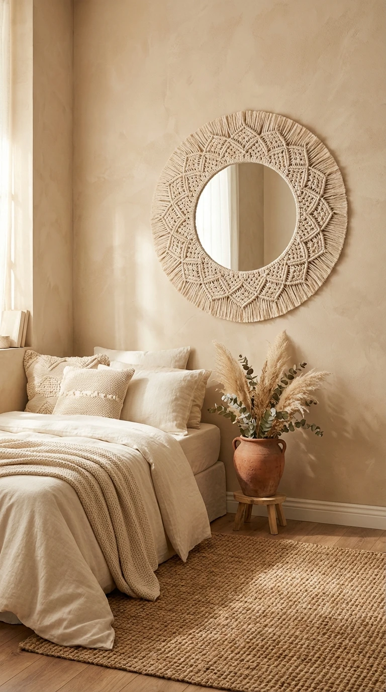 Miroir mural rond en macramé style bohème