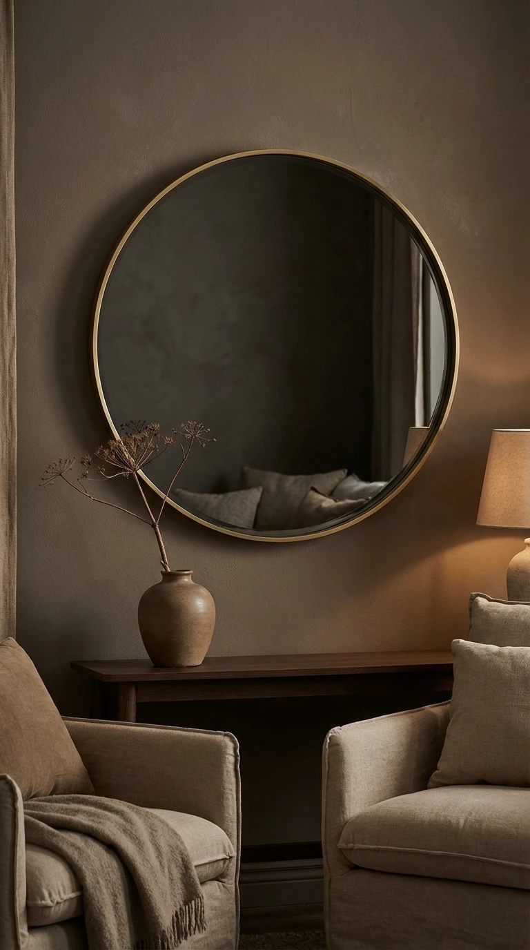 Miroir rond sobre en verre fumé à cadre fin doré