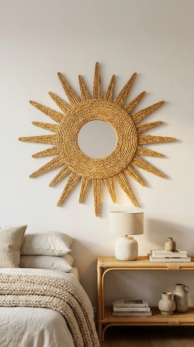 Miroir soleil en paille tressée