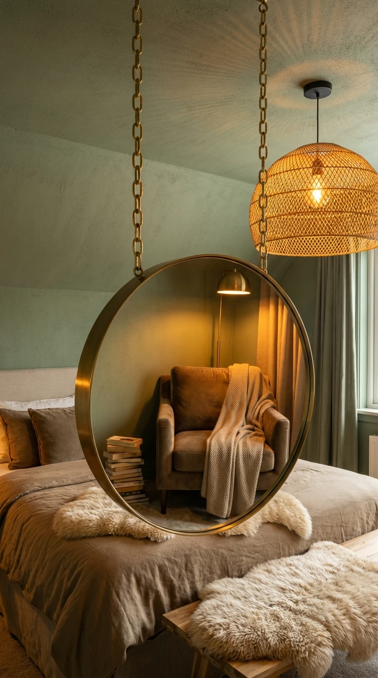 Miroir rond suspendu avec chaînes dorées