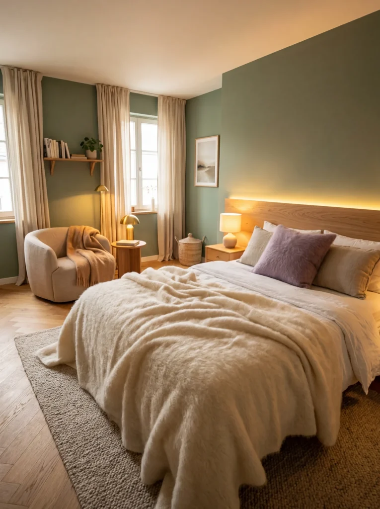Lit avec plaid en mohair et coussin violet dans une chambre cocooning aux murs verts et lumière douce.