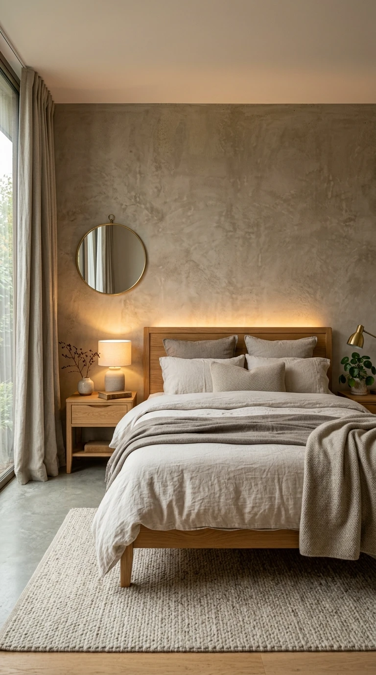 Chambre avec mur en béton ciré et déco minimaliste