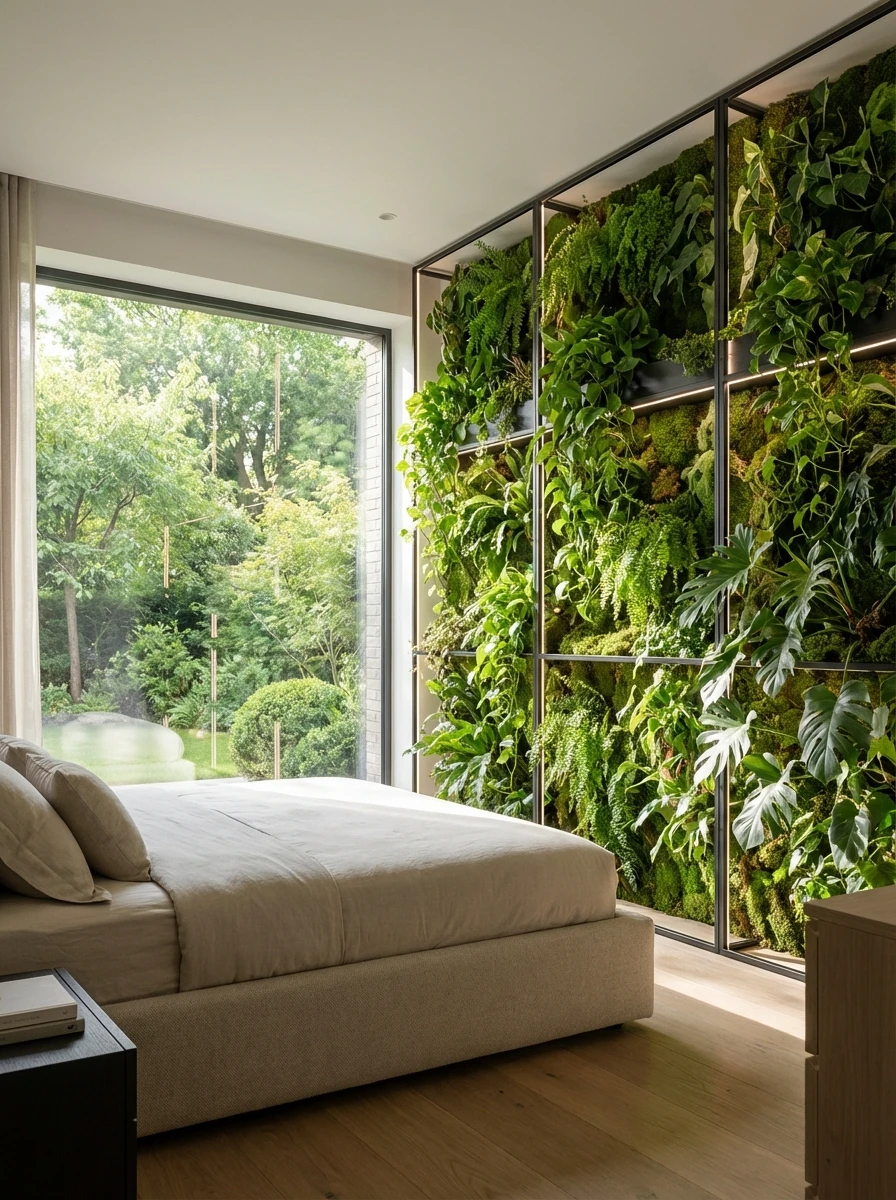 Mur végétal intérieur et vue sur jardin dans une chambre moderne