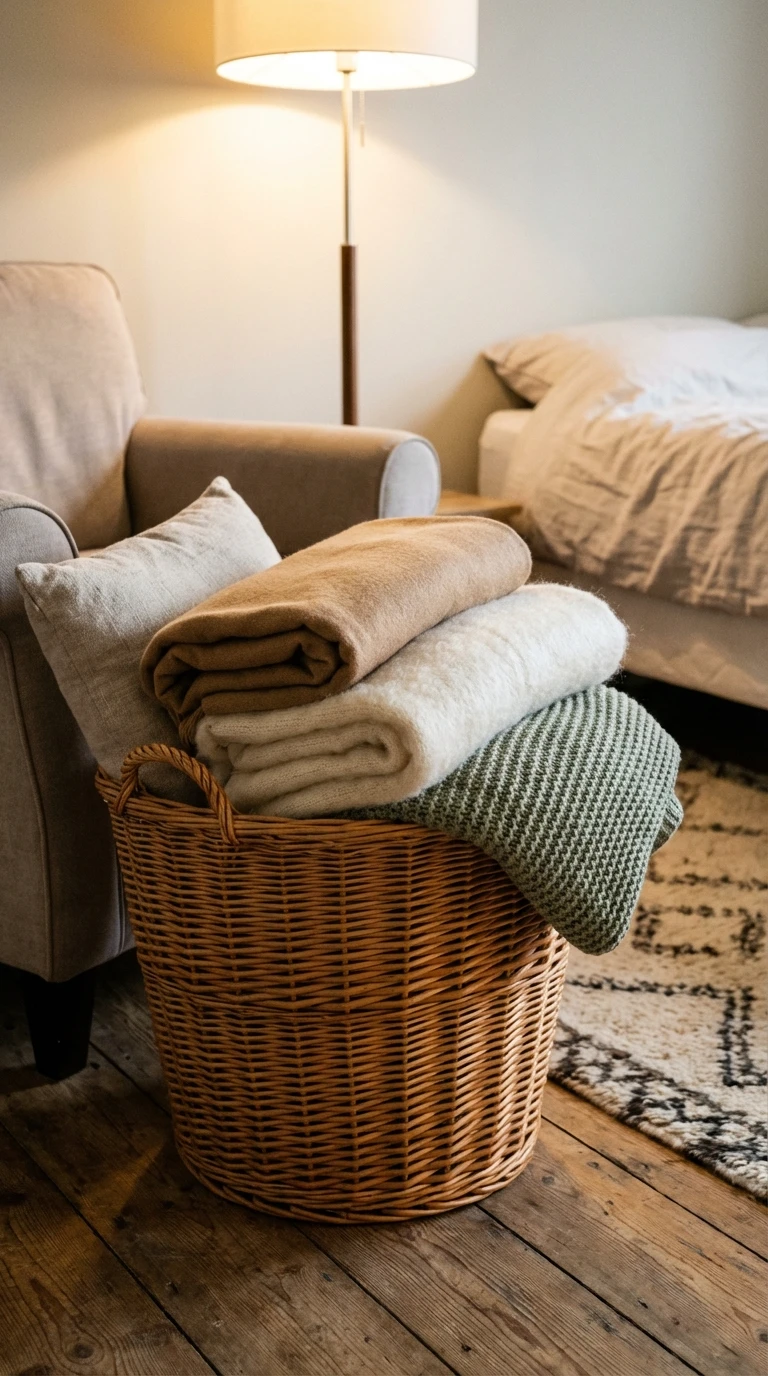 Le panier en osier pour ranger les plaids et coussins : le rangement déco
