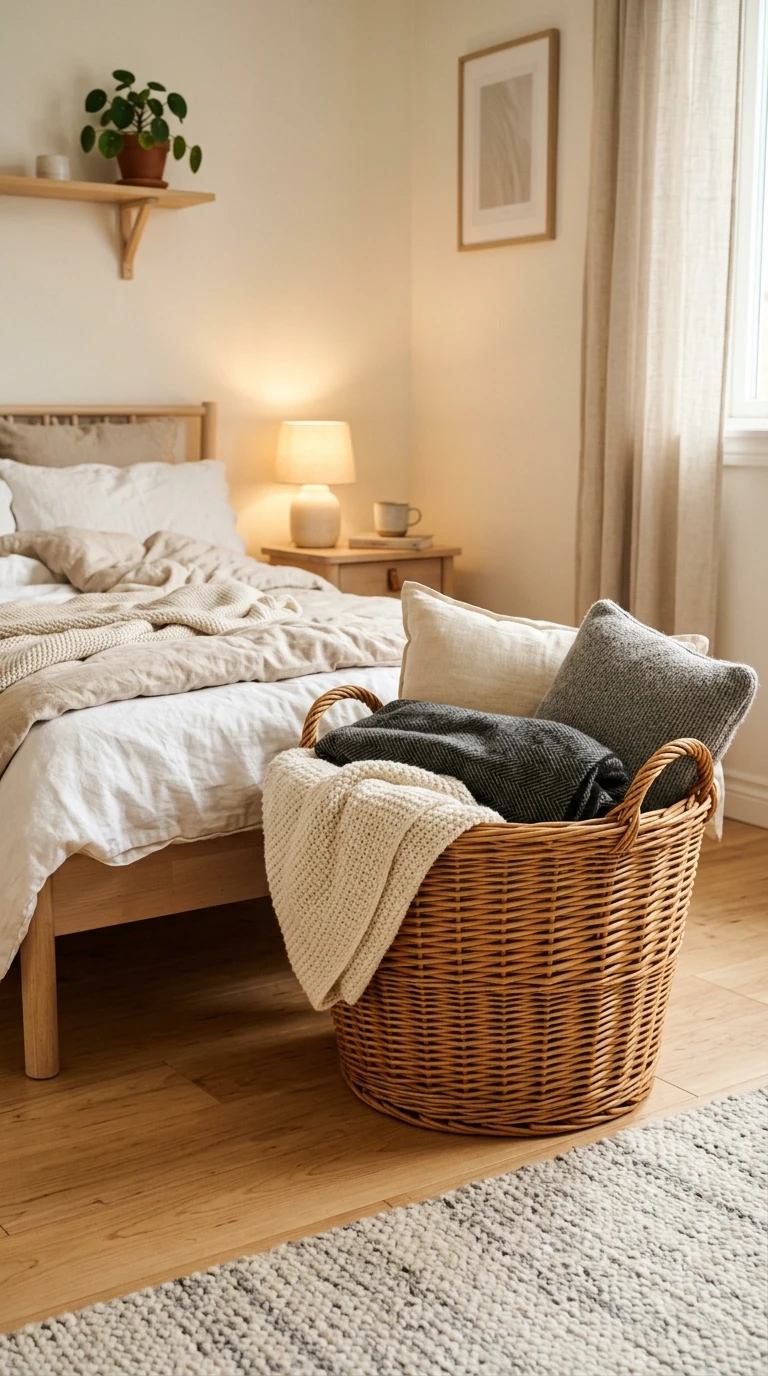 Panier en osier tressé pour une chambre cosy et organisée